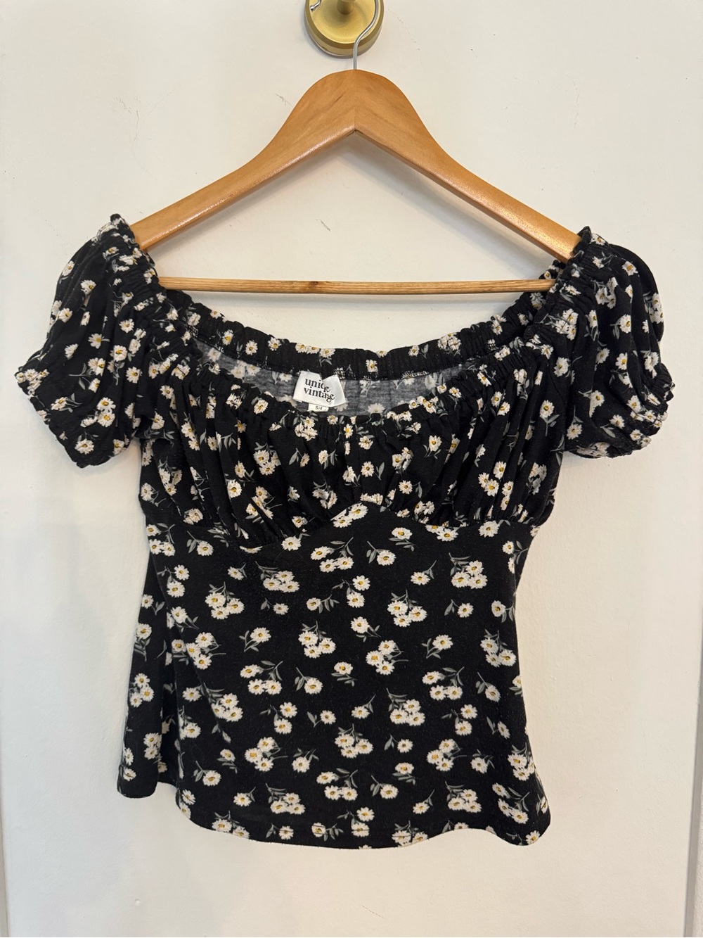Unique Vintage Black Floral Off-Shoulder Top